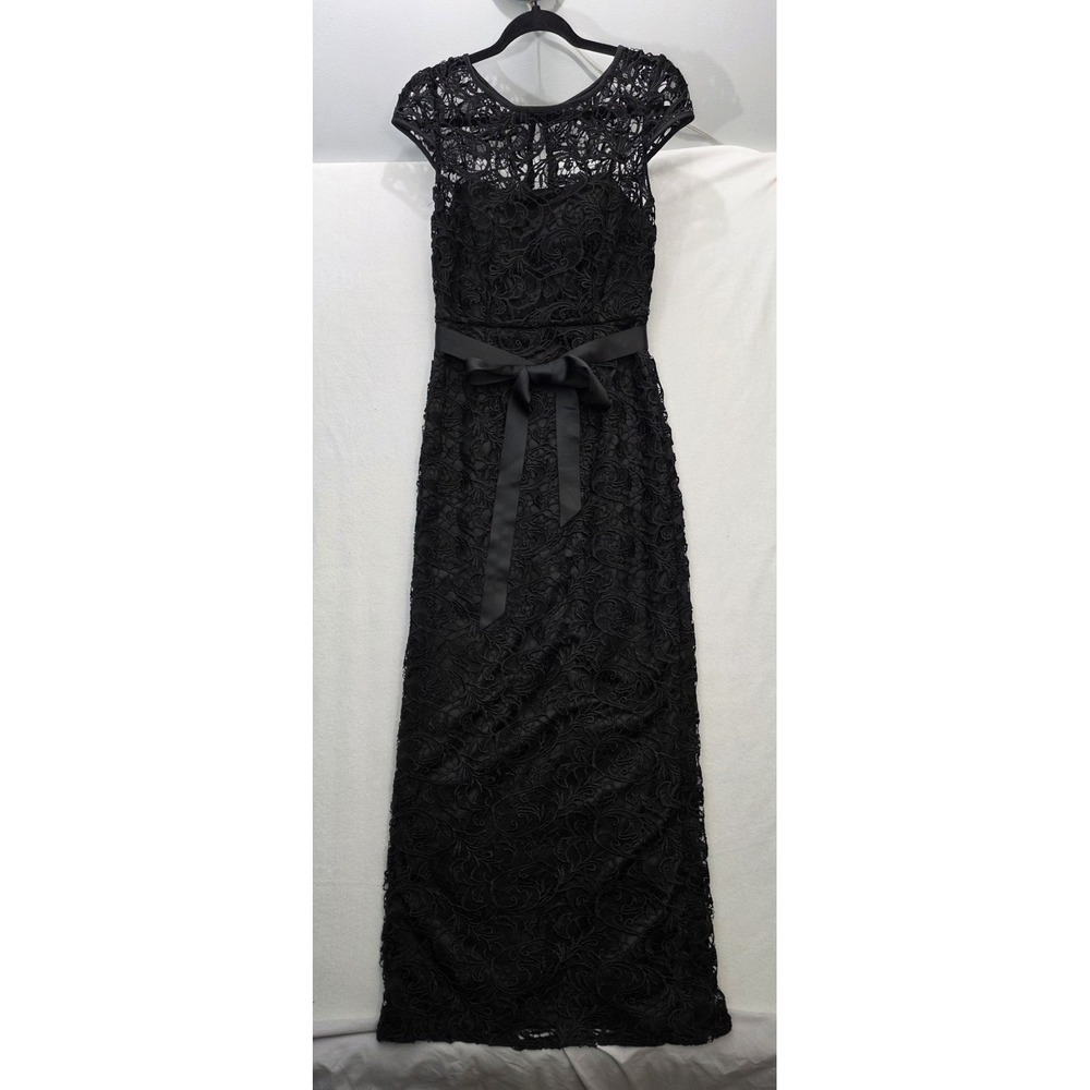 Adrianna Papell Whimsigoth Black Corded Lace Gown Illusion Maxi Witchy Dress 6